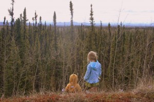 Children overlooking a forested landscape.